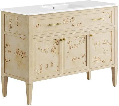 Modway Elysian 48" Wood Single Bathroom Vanity in White Burl with Ceramic Sink Basin