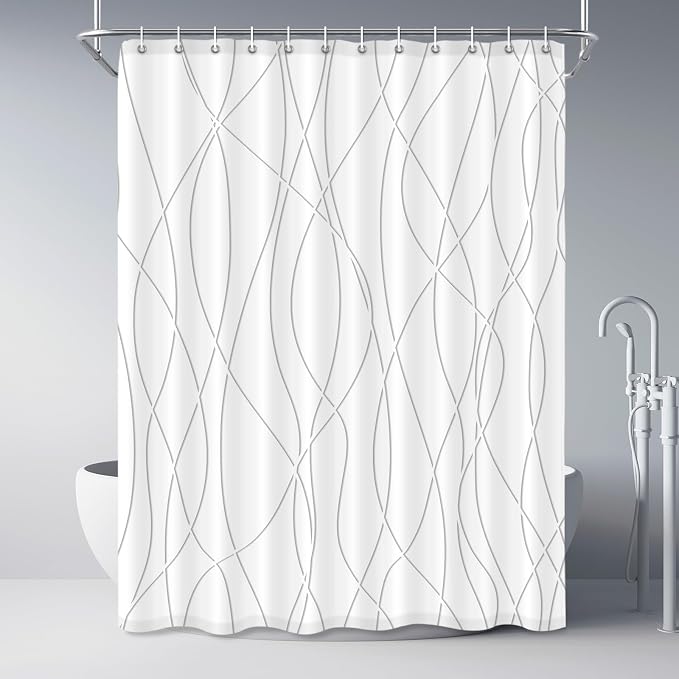 Striped Shower Curtain for Bathroom, Grey Shadow, 72" W x 84" L | with Hooks, Modern Hotel Style, Water Repellent, Washable, Weighted Hem