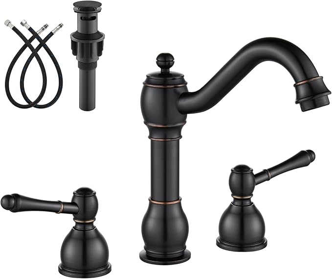 gotonovo 8 Inch Widespread Bathroom Faucets for Sink 3 Hole 2 Lever Handle Deck Mount with Pop Up Drain Hot and Cold Water Supply Lines Oil Rubbed Bronze
