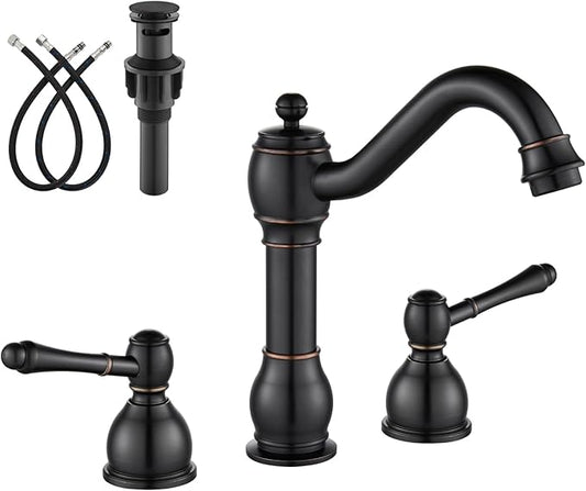 gotonovo 8 Inch Widespread Bathroom Faucets for Sink 3 Hole 2 Lever Handle Deck Mount with Pop Up Drain Hot and Cold Water Supply Lines Oil Rubbed Bronze