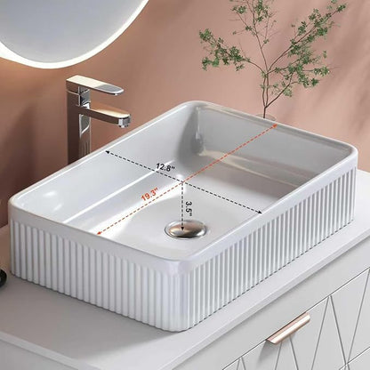 32" Modern White Stripe Bathroom Vanity Sink Set Wall-Mounted Bathroom Vanities with Above Ceramic Sink 32 inch Floating Wood Bathroom Sinks Storage Cabinet with Gold Handle 2 Drawers