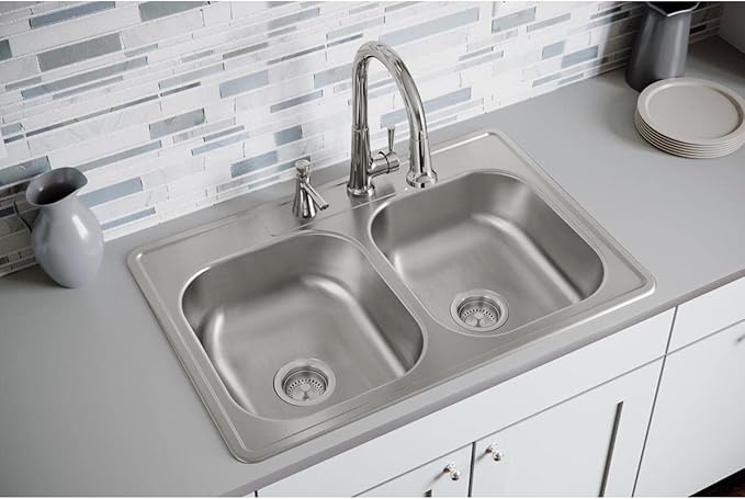 Dayton Stainless Steel 33" x 22" x 7-1/16", 2-Hole Equal Double Bowl Drop-in Sink
