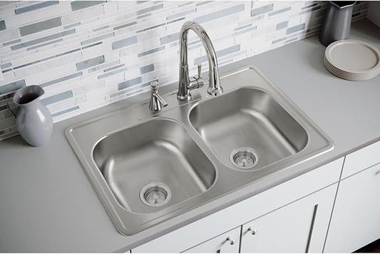 Dayton Stainless Steel 33" x 22" x 7-1/16", 2-Hole Equal Double Bowl Drop-in Sink