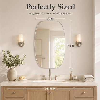 Silver Oval Bathroom Mirror 30x48 Inch | Oblong Vanity Mirror, Crystal-Clear HD Glass, Rust-Proof Aluminum Frame, Elegant Inner-Curved Edge, Modern Contemporary Style