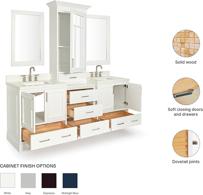 ARIEL Stafford 84-inch Bathroom Vanity with Sink,Solid Wood, 1.5-inch Pure White Quartz Countertop & Backsplash, Double Rectangular Porcelain Sink, 5 Soft Closing Doors, 6 Dovetail Drawers, White