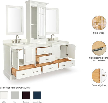 ARIEL Stafford 84-inch Bathroom Vanity with Sink,Solid Wood, 1.5-inch Pure White Quartz Countertop & Backsplash, Double Rectangular Porcelain Sink, 5 Soft Closing Doors, 6 Dovetail Drawers, White