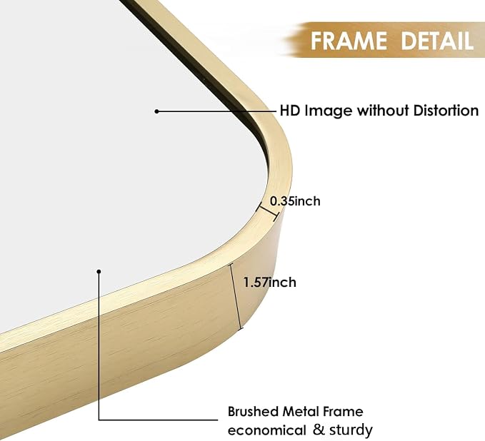 24x32 Inch Gold Bathroom Mirror, Brushed Brass Gold Metal Framed Rectangular Mirror with Rounded Corner, Bathroom Vanity Mirror for Bedroom or Living Room, Horizontal/Vertical