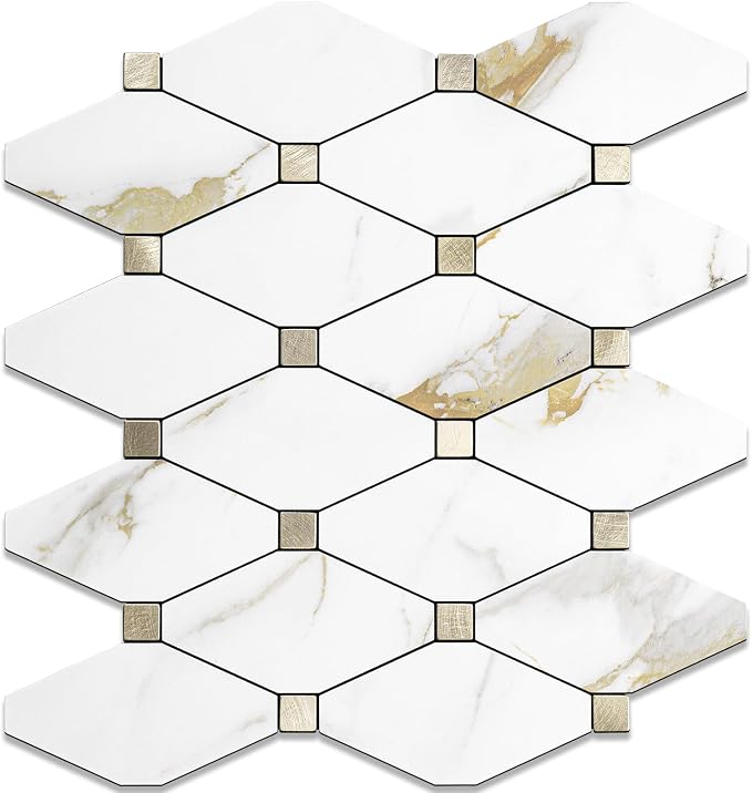 STICKGOO 1 Sheet Peel and Stick Backsplash, Calacatta Golden Stick on Aluminum Composite Tiles Stikers, Self Adhesive Mixed Metal Backsplash for Kitchen, Bathroom, Fireplace, RV