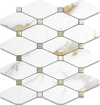 STICKGOO 1 Sheet Peel and Stick Backsplash, Calacatta Golden Stick on Aluminum Composite Tiles Stikers, Self Adhesive Mixed Metal Backsplash for Kitchen, Bathroom, Fireplace, RV