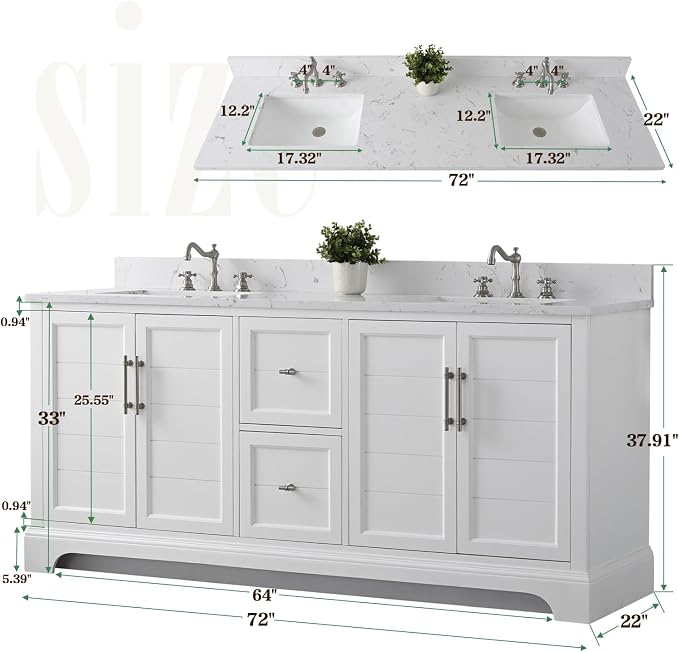 Vanity Art 72 Inch Bathroom Vanity with Double Sink, White | Solid Wood, Ceramic Sink, Marble Top, Waterproof Backsplash, Pre-assembled, Soft-close Doors, Ample Storage, Freestanding