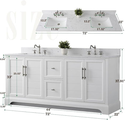 Vanity Art 72 Inch Bathroom Vanity with Double Sink, White | Solid Wood, Ceramic Sink, Marble Top, Waterproof Backsplash, Pre-assembled, Soft-close Doors, Ample Storage, Freestanding