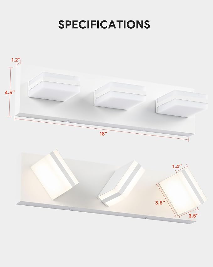 VONLUCE LED Modern Bathroom Vanity Light Fixture, Matte White | 18'', 3-Light, 3CCT, 360° Rotate, High CRI, Flicker-free, Dimmable, Memory Function, Waterproof IP44, Easy Installation