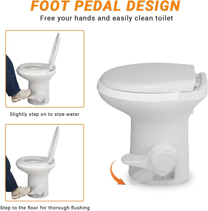 RV Portable Toilet with Gravity Flush –,Hands-Free Foot Pedal Design, Standard Seat Height for Campers & Trailers