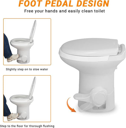 RV Portable Toilet with Gravity Flush –,Hands-Free Foot Pedal Design, Standard Seat Height for Campers & Trailers