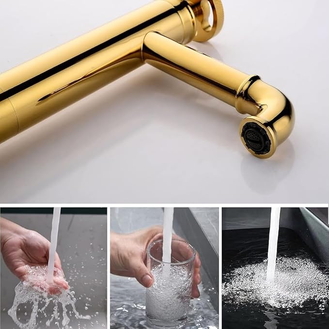 Industrial Bathroom Faucet Brass, Single Hole One Wheel Handle, Tall Deck Mounted Sink Cold and Hot Water Mixer Tap-Bright Gold(Bright Gold)