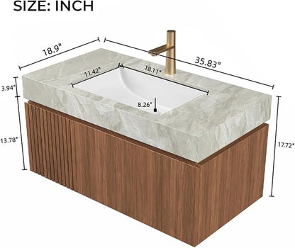 LKTART Floating 36 Inch Bathroom Vanity with Sink, Modern Plywood Wall Mounted Bathroom Storage Cabinet with 1 Door and 1 Drawer, Roma Travertine-Pattern Sintered Stone Countertop and Ceramic Basin