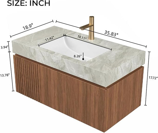 LKTART Floating 36 Inch Bathroom Vanity with Sink, Modern Plywood Wall Mounted Bathroom Storage Cabinet with 1 Door and 1 Drawer, Roma Travertine-Pattern Sintered Stone Countertop and Ceramic Basin