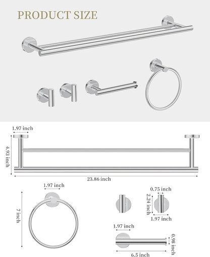 Chrome Bathroom Hardware Accessories Set 5 pcs Double Towel Holder Bar Set | 24 inches Stainless Steel Towel Bar, Towel Racks for Bathroom Robe Towel Hooks Toilet Paper Holder Wall Mounted by BATHLAVISH