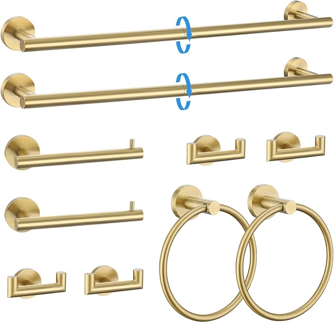 10-Piece Brushed Gold Towel Bar Set Bathroom Hardware Set Include 23.6in Towel Bar Toilet Paper Holder Towel Ring Upgraded Towel Hooks Towel Holder Set for Bathroom Stainless Steel Wall-Mounted