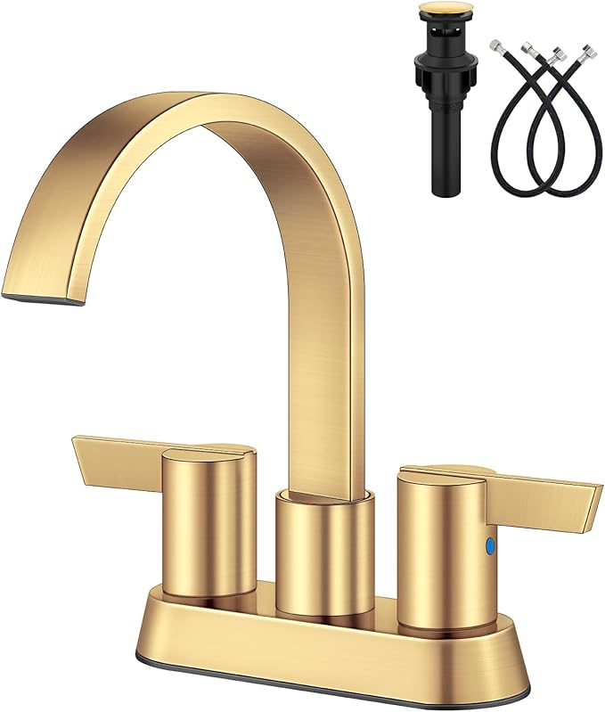Aolemi Bathroom Faucets for Sink 3 Hole,4 Inch Centerset Waterfall Faucet 2 Handle for Bathroom Sink with Pop-Up Drain and Supply Lines Brush Gold