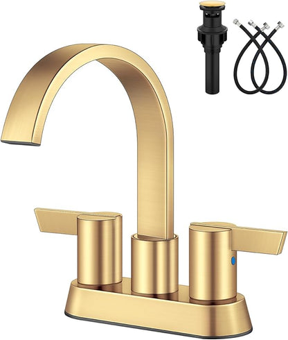Aolemi Bathroom Faucets for Sink 3 Hole,4 Inch Centerset Waterfall Faucet 2 Handle for Bathroom Sink with Pop-Up Drain and Supply Lines Brush Gold