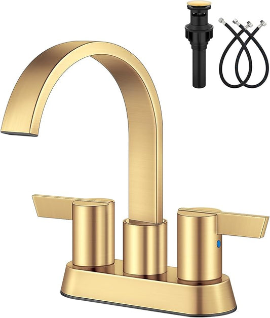 Aolemi Bathroom Faucets for Sink 3 Hole,4 Inch Centerset Waterfall Faucet 2 Handle for Bathroom Sink with Pop-Up Drain and Supply Lines Brush Gold