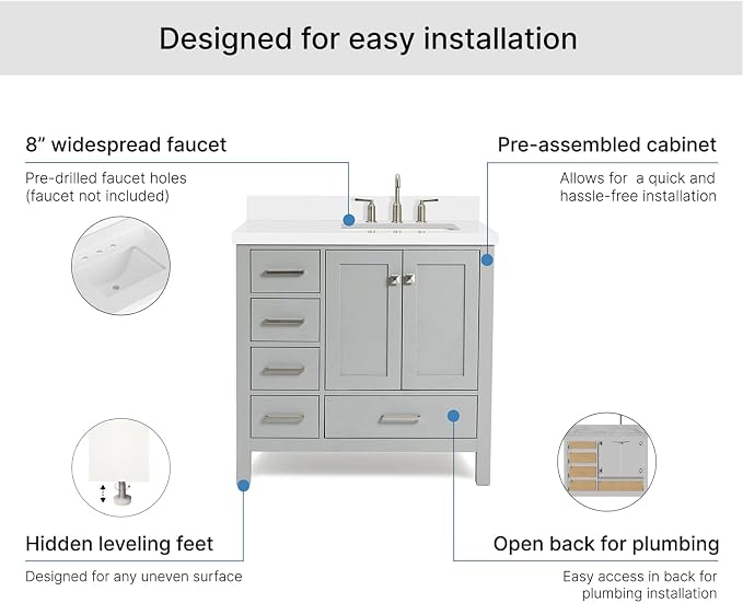 ARIEL Cambridge 36-inch Bathroom Vanity with Sink,Solid Wood, 1.5-inch Pure White Quartz Countertop & Backsplash, Single Rectangular Porcelain Sink, 2 Soft Closing Doors, 5 Dovetail Drawers, Grey