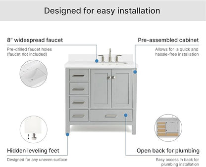 ARIEL Cambridge 36-inch Bathroom Vanity with Sink,Solid Wood, 1.5-inch Pure White Quartz Countertop & Backsplash, Single Rectangular Porcelain Sink, 2 Soft Closing Doors, 5 Dovetail Drawers, Grey