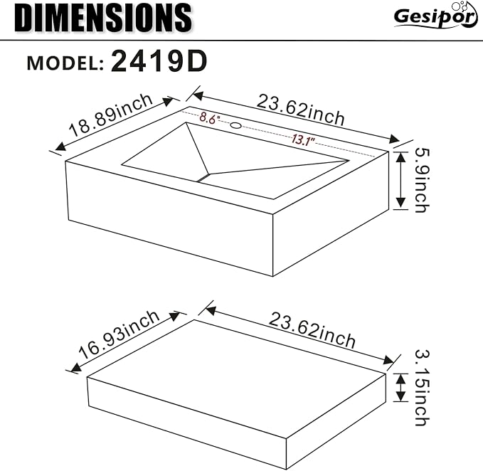 24”x19" Wall-Mount Stone Resin Bathroom Sink Rectangular Vessel Sinks for Bathroom Floating Vanity Sink Trough Modern Art Basin with Shelf Layer
