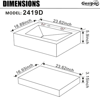 24”x19" Wall-Mount Stone Resin Bathroom Sink Rectangular Vessel Sinks for Bathroom Floating Vanity Sink Trough Modern Art Basin with Shelf Layer