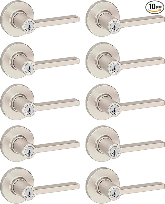 Kwikset Casey Entry Door Handle with Lock and Key, Secure Keyed Reversible Lever Exterior, for Front Entrance and Bedrooms, Satin Nickel, 10 Pack, Pick Resistant SmartKey Rekey Security and Microban