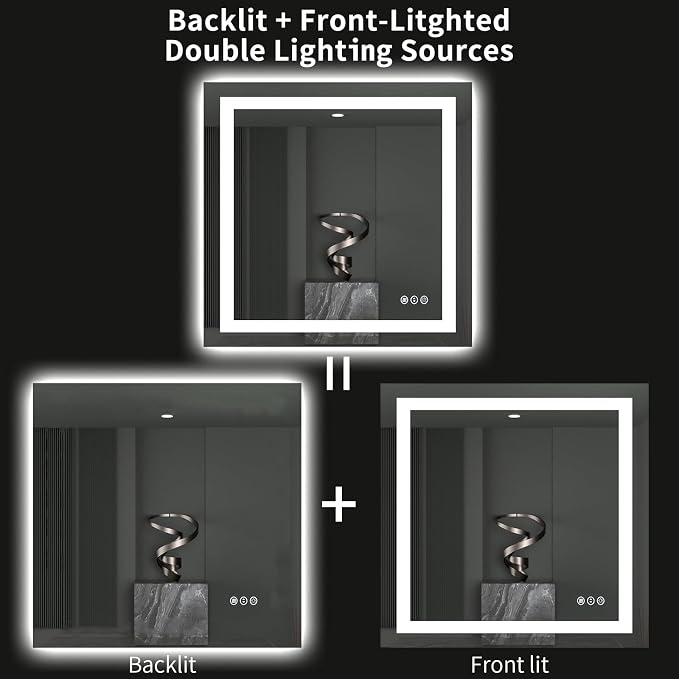 LOAAO 40"X38" LED Bathroom Mirror with Lights, UL Listed | Anti-Fog, Dimmable, 3 Color Temperature, Backlit + Front Lit, Memory Function, Tempered Glass