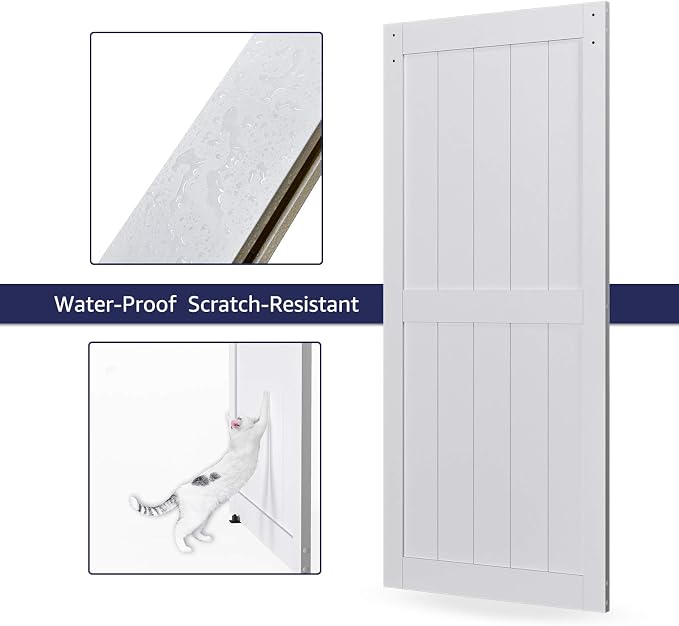 36 x80in MDF Sliding Barn Door with 6.6ft Barn Door Hardware Kit & Handle | White Solid Barn Door Slab Covered with Water-Proof PVC Surface, Pre-Drilled Holes Easy Assembly, H-Frame