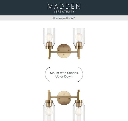 Kichler Madden 2-Light Bathroom Vanity Light, Champagne Bronze | Modern vanity light with clear glass for single or double bathroom mirrors (14.25" x 10.5"), 55184CPZ