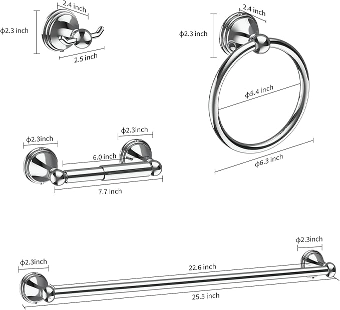 8Pcs Polished Chrome Bathroom Accessories Set Towel Racks for Bathroom | 24 Inch Bath Towel Bar Set, SUS 304 Stainless Steel Bathroom Hardware Set, Towel Racks for Bathroom Wall Mounted