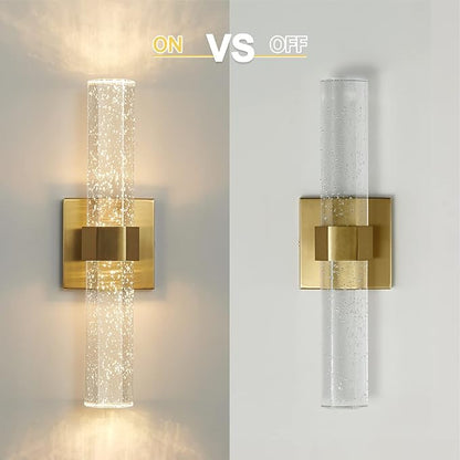Wall Sconces Set of Two - Gold Sconces Wall Lighting 14W Dimmable LED Crystal Bathroom Light Fixture with Bubble Glass 15.7inch Indoor Vanity Lights for Bathroom Hallway Bedroom (2 Pack)