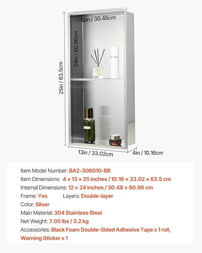 VEVOR Shower Niche, 13 x 25 x 4 inch Recessed Wall Niche Double-Layer, with Hollowed-Out Divider,Heavy-Duty Stainless Steel Modern Shampoo Storage Organizer,Waterproof, Silver for Bathroom