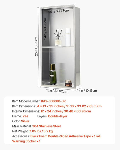 VEVOR Shower Niche, 13 x 25 x 4 inch Recessed Wall Niche Double-Layer, with Hollowed-Out Divider,Heavy-Duty Stainless Steel Modern Shampoo Storage Organizer,Waterproof, Silver for Bathroom