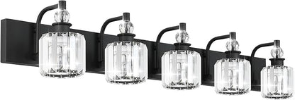 Ralbay Crystal Black Vanity Light Fixtures 5 Light Crystal Bathroom Light Fixtures Over Long Mirror Modern Matte Black Bath Wall Lights
