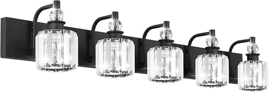 Ralbay Crystal Black Vanity Light Fixtures 5 Light Crystal Bathroom Light Fixtures Over Long Mirror Modern Matte Black Bath Wall Lights