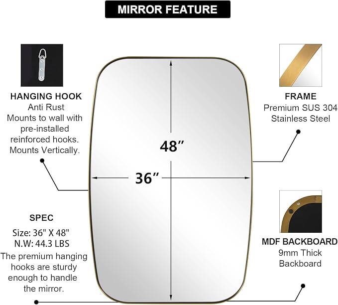 Gold Oblong Mirror, 36x48 Inch Gold Oval Mirror for Bathroom with Stainless Steel Metal Frame, Wall Mouned for Bathroom, Living Room, Entryway