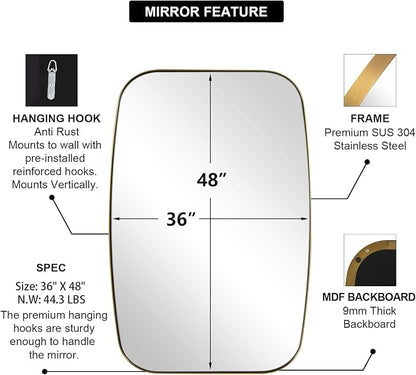 Gold Oblong Mirror, 36x48 Inch Gold Oval Mirror for Bathroom with Stainless Steel Metal Frame, Wall Mouned for Bathroom, Living Room, Entryway