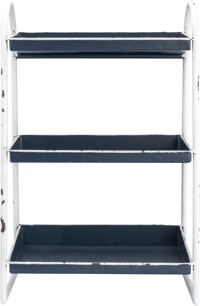 Creative Co-Op Heavily Distressed 3-Tier Metal Tray with White Frame & Rim, Navy