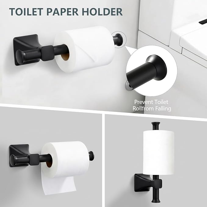 5-Piece Matte Black Bathroom Hardware Set, SUS304 Stainless Steel Wall Mounted Towel Rack Set, 24 Inch Towel Bar, Towel Ring, Toilet Paper Holder, 2 Towel Hooks, Multipurpose Bathroom Accessories