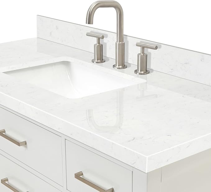 Alenza 48" White Bathroom Vanity with Sink, 1.5" Carrara Quartz Countertop, Single Rectangular Undermount Sink, 2 Soft Closing Doors, 5 Dovetail Drawers
