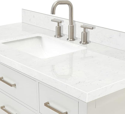 Alenza 48" White Bathroom Vanity with Sink, 1.5" Carrara Quartz Countertop, Single Rectangular Undermount Sink, 2 Soft Closing Doors, 5 Dovetail Drawers