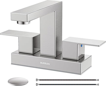 Bathroom Sink Faucet, Hurran 4 inch Brushed Nickel Bathroom Faucets for Sink 3 Hole with Pop-up Drain and Supply Lines, Stainless Steel 2-Handle Lead-Free Faucet for Vanity RV Restroom