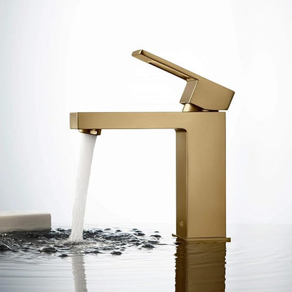 Solid Brass Single Handle Bathroom Sink Faucet with Pop-Up Drain, High Arc Cubic Spout Lavatory Faucet in Brushed Brass, Corrosion-Resistant, Modern Design
