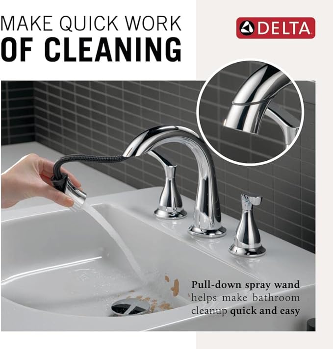 Delta Broadmoor Chrome Bathroom Faucet with Sprayer, 8 Inch 3 Hole Widespread Bathroom Sink Faucet with Pull Out Sprayer, Push-Pop Drain, Chrome 35765LF-PD