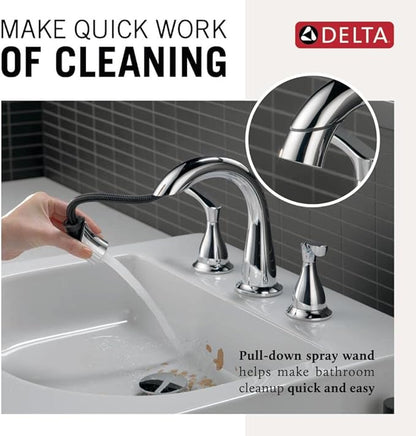 Delta Broadmoor Chrome Bathroom Faucet with Sprayer, 8 Inch 3 Hole Widespread Bathroom Sink Faucet with Pull Out Sprayer, Push-Pop Drain, Chrome 35765LF-PD